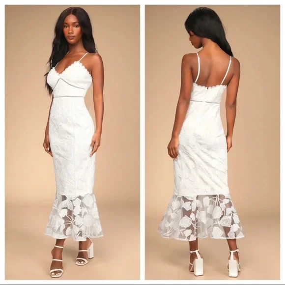 Lulus | Dresses | Nwot Lulus Alluring Dream White Floral Mesh Lace Trumpet Midi  Dress | Poshmark